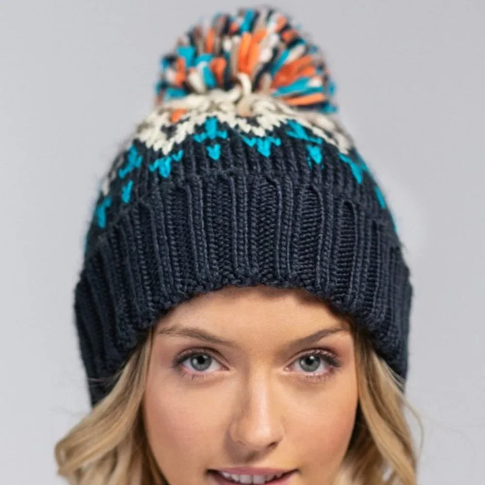 🆕 Blue / Cream Multicolor Knit Beanie w/ Cute Multicolor Pom-Pom 🆕